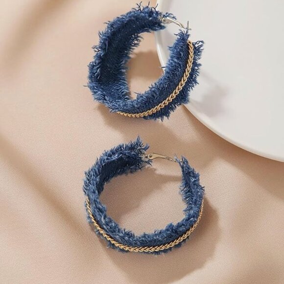 Denim Circle Hoop Earrings with Gold Chain – Handmade Boho Statement Jewelry - Picture 2 of 5